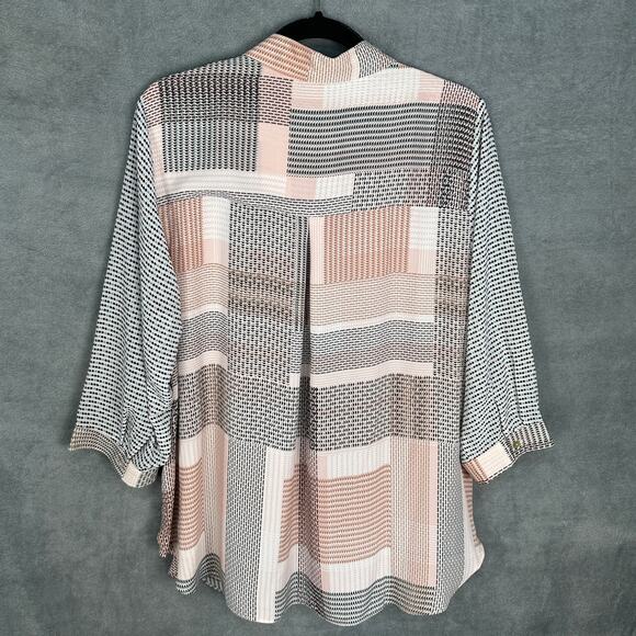 Rose And Olive Top Womens 1X Pink Geo Patchwork 3/4 Sleeve Button Front Career - Picture 5 of 12